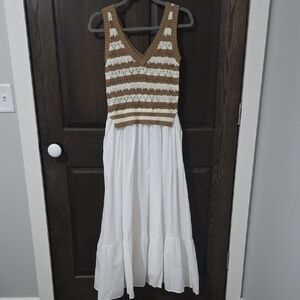 Elan Knit Tank and Woven Skirt Midi Dress - White/Tan Stripe NWT